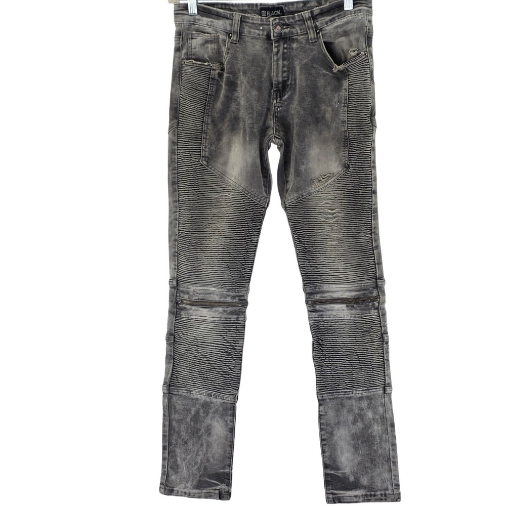 Black Premium Moto Jeans Mens 32x32 Gray Acid Wash Biker Ribbed Slim Fit Denim